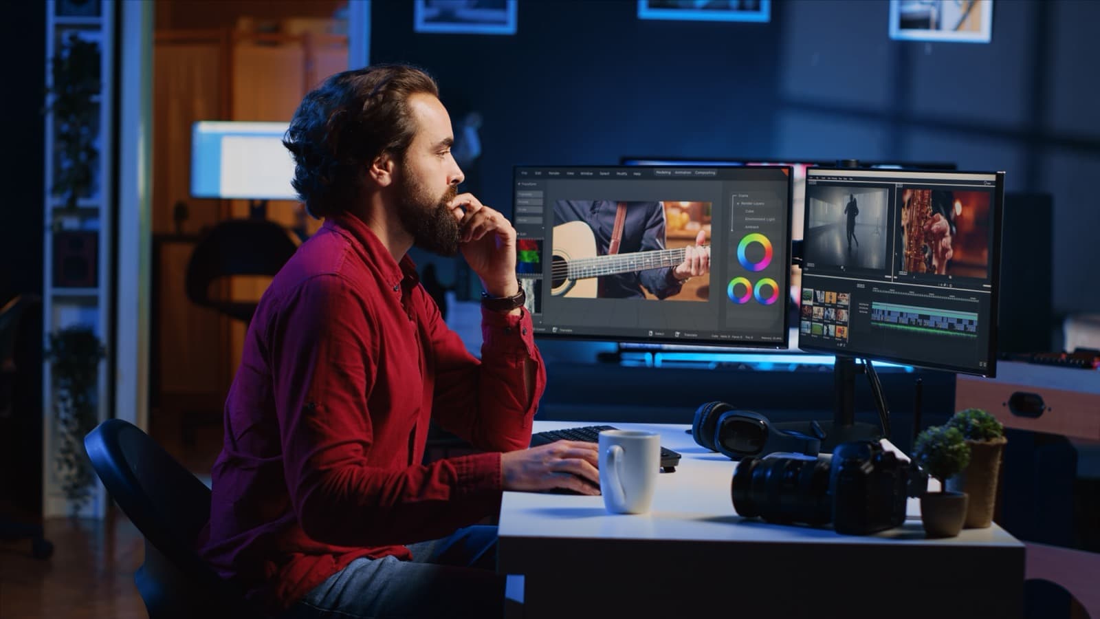 A video editor colour-correcting footage in a media agency studio